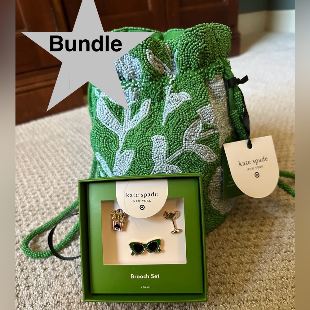 Kate Spade Green Brooch Set and Beaded Purse bundle